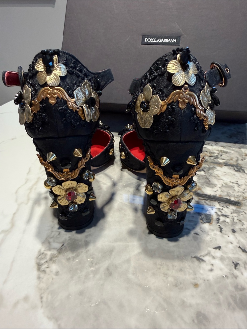 Dolce & Gabbana Black and Red Jewel-Embellished T-Strap Heels. RUNWAY